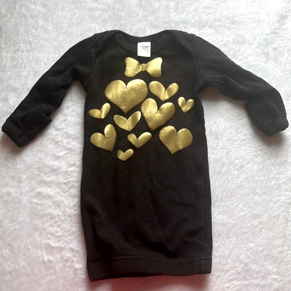 Black baby gown with gold heart and‎ bow detail